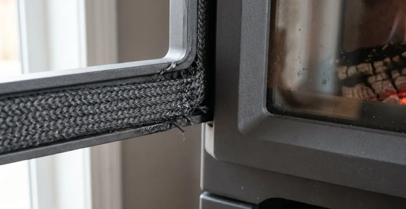 Gros plan sur un joint en fibre céramique tressée noire montrant des signes de compression et d'usure sur la porte en fonte d'un poêle, avec un arrière-plan flouté