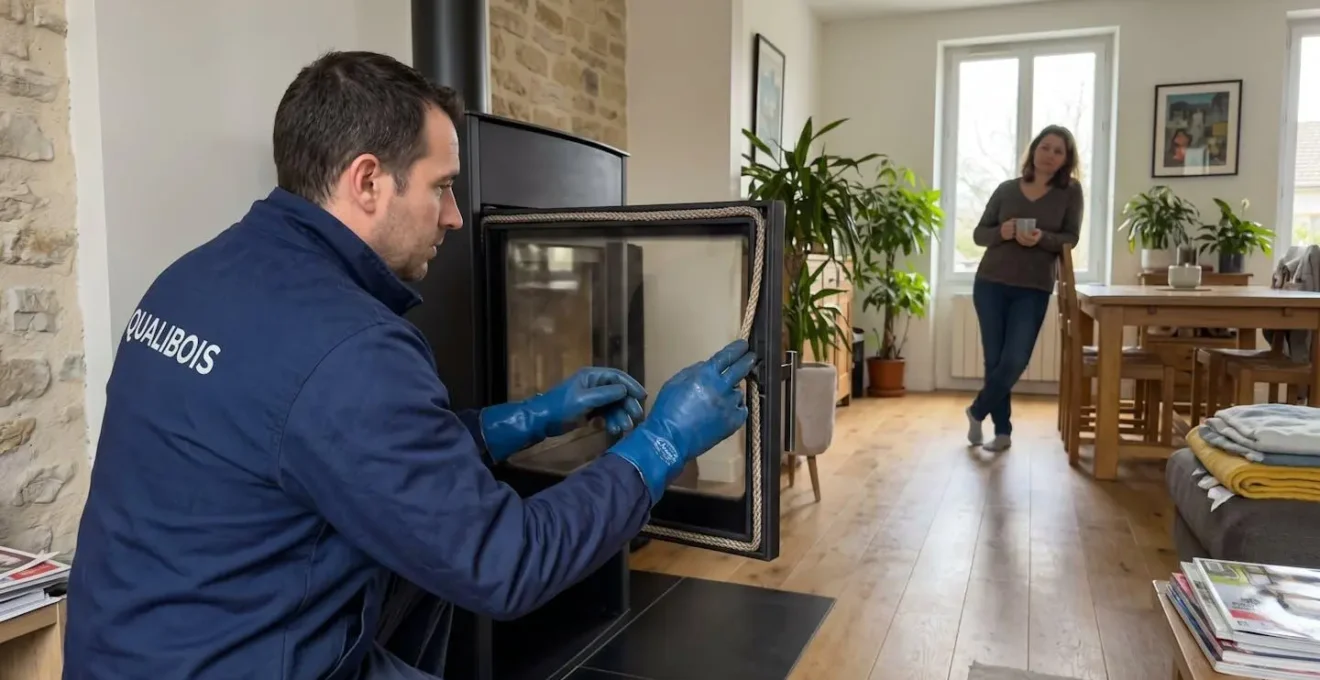 Un professionnel QUALIBOIS vu de profil inspecte de près le joint de porte d'un poêle à bois dans un salon lumineux, tandis qu'un propriétaire observe en arrière-plan