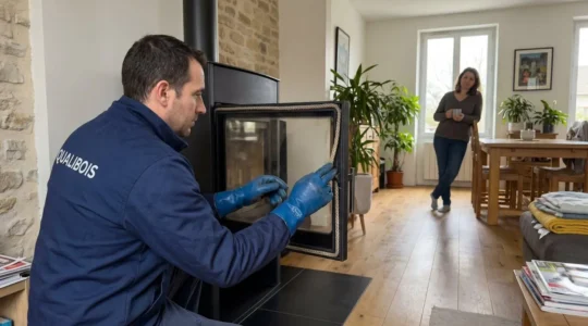 Un professionnel QUALIBOIS vu de profil inspecte de près le joint de porte d'un poêle à bois dans un salon lumineux, tandis qu'un propriétaire observe en arrière-plan