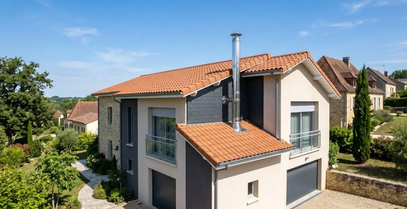 Vue extérieure en contre-plongée montrant un conduit de fumée en inox isolé dépassant d'un toit en tuiles françaises contemporaines sous un ciel bleu lumineux