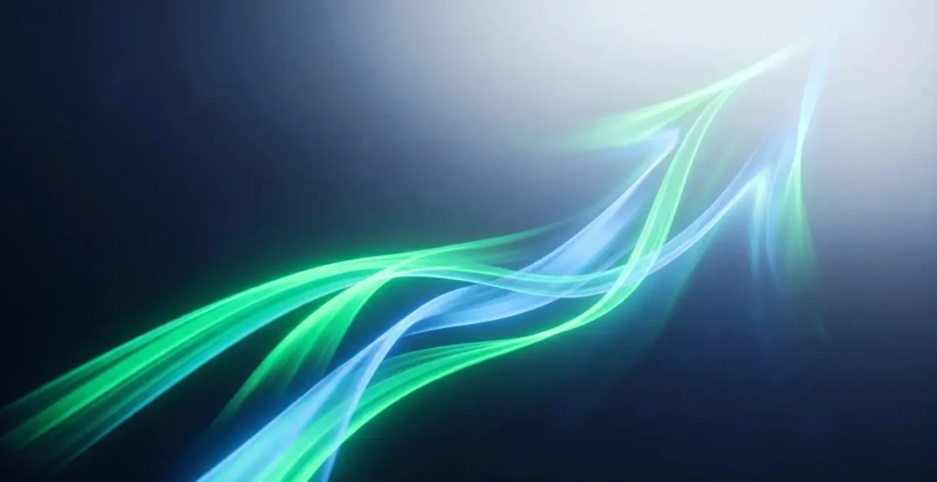 Composition abstraite de rubans lumineux verts et bleus s'élevant en courbes fluides sur fond gradient marine vers blanc, évoquant croissance et élan