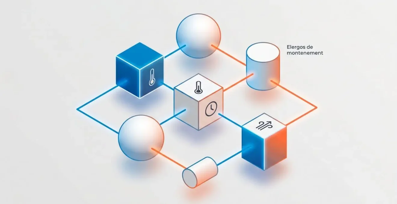 Illustration 3D isométrique de formes géométriques interconnectées par lignes lumineuses orange et bleues, représentant système de réglages techniques