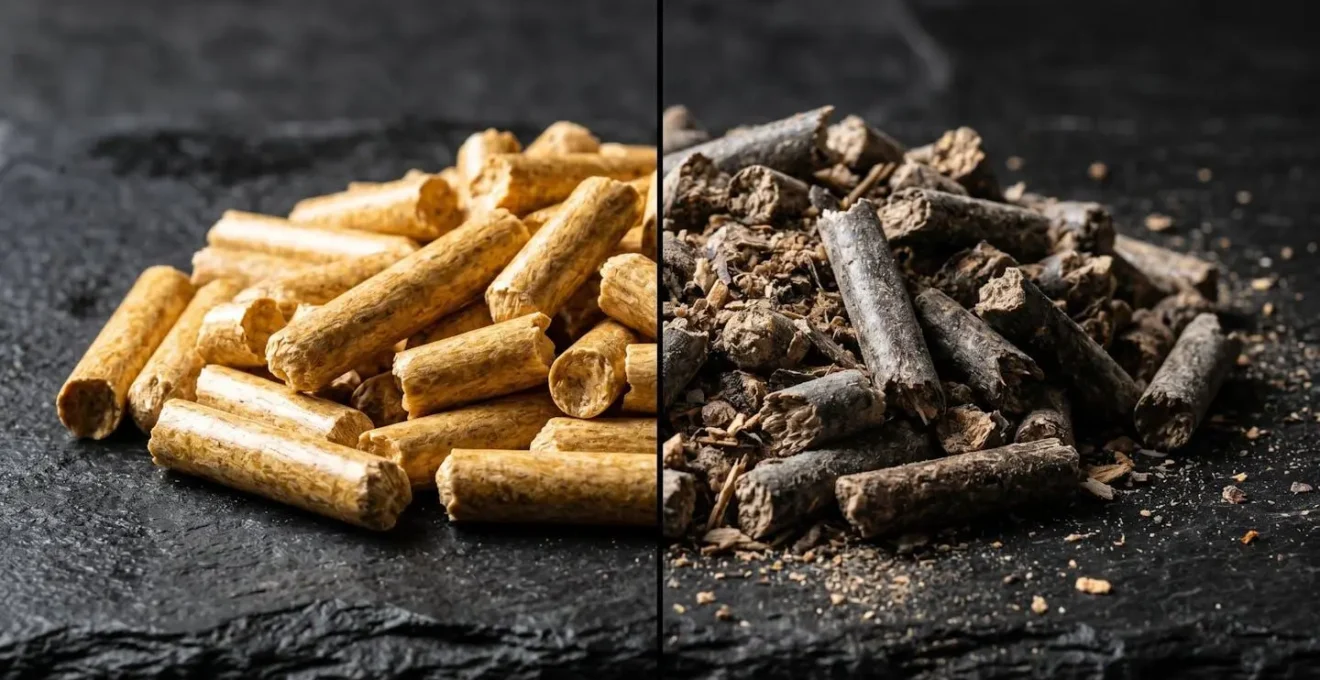 Photographie macro comparative de deux tas de granulés de bois sur ardoise noire, éclairage latéral montrant différence qualité entre granulés uniformes dorés et irréguliers foncés