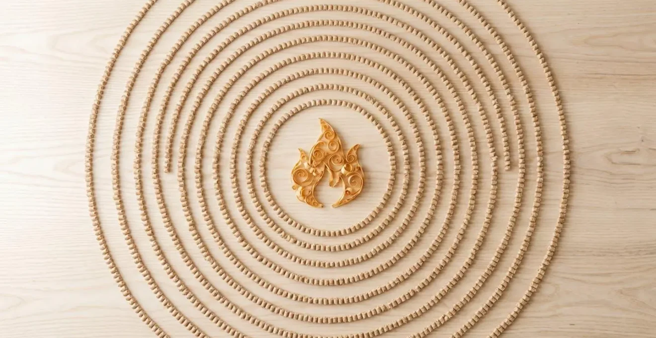 Vue de dessus de granulés de bois disposés en cercles concentriques sur surface bois clair, avec flamme stylisée dorée au centre, éclairage naturel doux